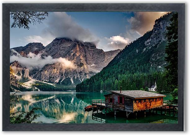 Devgift Beautiful House Scenery Photo Frame Wall Decor | Framed HD Landscape Painting Digital Reprint 10 inch x 14 inch Painting