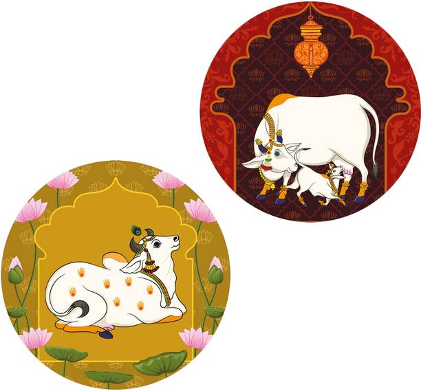 Indianara Set of 2 Pichwai Round Shape Wall Painting for living room/Home/Bedroom/Office Digital Reprint 12 inch x 12 inch Painting