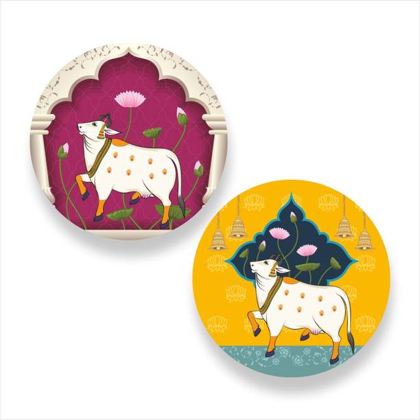 साइनेक्स Kamdhenu Cow MDF Wall Decor Decorative Hanging Item for Living Room Set of 2 डिजिटल रीप्रिंट 9 inch x 9 inch पेंटिंग