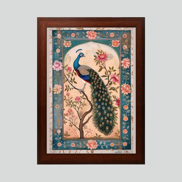 ब्रोसब्लिस Pichwai Style Peacock Digital Reprint with Brown Frame (10 x 13.5 inches) डिजिटल रीप्रिंट 13.5 inch x 10 inch पेंटिंग
