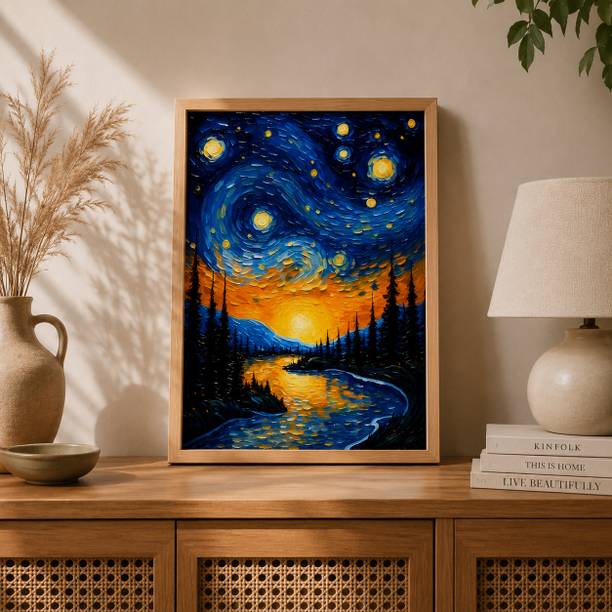 Masstone Starry Night Landscape Wall Painting Modern Canvas Style Home Decor Art Digital Reprint 19.5 inch x 13.5 inch Painting