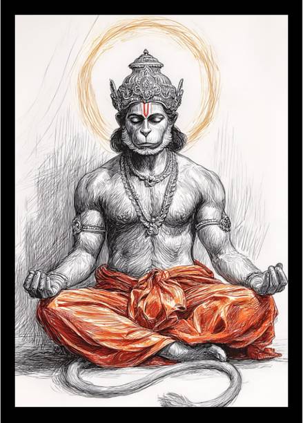 KNARTSTUDIO Meditating Lord Hanuman with Divine Halo Illustration Model Pencil 9 inch x 12 inch Painting