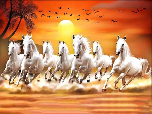 ASHIT 7 Running Horses Painting success\wealth/ positive energy Photo Frame Digital Reprint 12 inch x 10 inch Painting