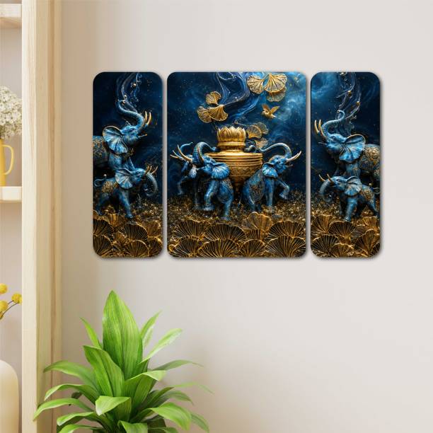 saf Blue Elephant Golden Vase UV Textured MDF Wall Painting Set of 3 Digital Reprint 12 inch x 18 inch Painting