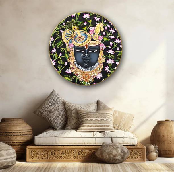 ARTSENSE Elegant Krishna with Cow & Lotus Motif Wall Art – Traditional Decorative Plate Canvas 24 inch x 24 inch Painting