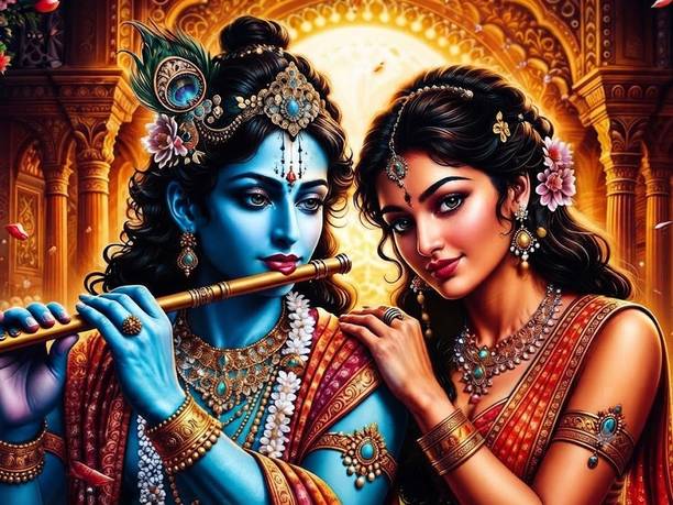 SSCollection Premium Radha Krishna Celestial Touch Framed Wall Art for Living Room, Bedroom Digital Reprint 18 inch x 24 inch Painting