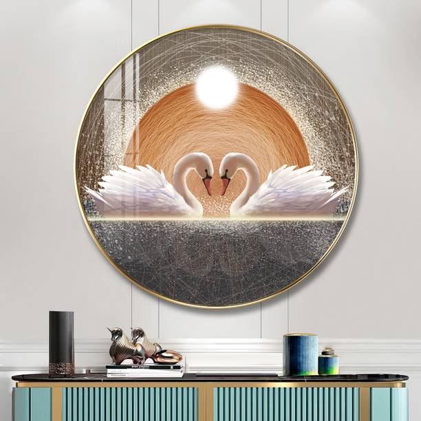 The Next Decor Loving Couple Swan Wood Glass Finish Round Wall Art Painting For Home & Office Ink 18 inch x 18 inch Painting