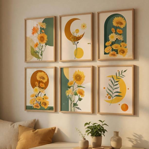 सैफ Boho Sunflower & Moon Framed Painting Set of 6 - Abstract Floral Wall Decor Art डिजिटल रीप्रिंट 14 inch x 11 inch पेंटिंग