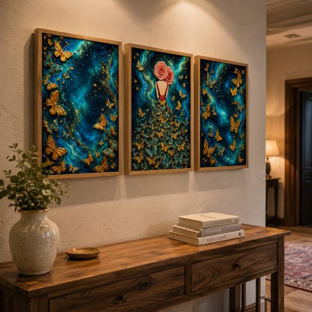 saf Set of 3 Butterfly Girl Abstract Framed Wall Paintings Digital Reprint 19.5 inch x 13.5 inch Painting