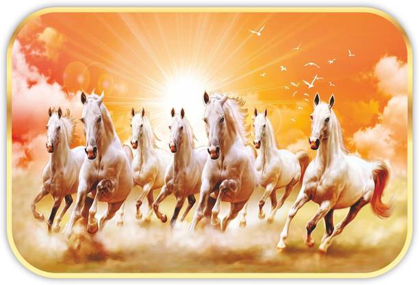 saf 7 Running Horses Sparkle Glossy Round Golden Framed Large Painting Digital Reprint 12 inch x 20 inch Painting