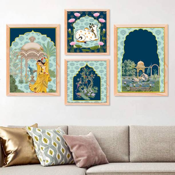 Decor Villa Royal Queen & kamdhenu Cow Rajasthani Pichwai & Miniature art Digital Reprint 13 inch x 10 inch Painting