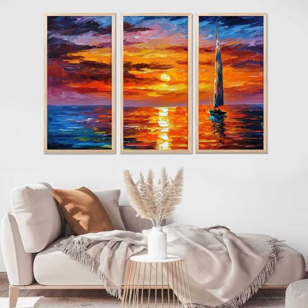 अराक्री Sunset Ocean Kayak Triptych Vibrent colors Framed Wall Painting| Hangings डिजिटल रीप्रिंट 19 inch x 10 inch पेंटिंग