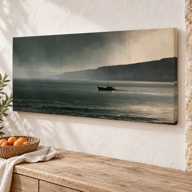 soulabiti Moody Seascape with Boat Rolled Unstretched Canvas Print Digital Reprint 27 inch x 63 inch Painting