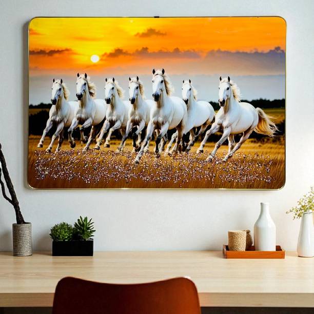 Masstone Vastu Seven Horses Big Crystal Embedded Painting | Premium Gold Slim Frame Resin Painting 16 inch x 24 inch Painting