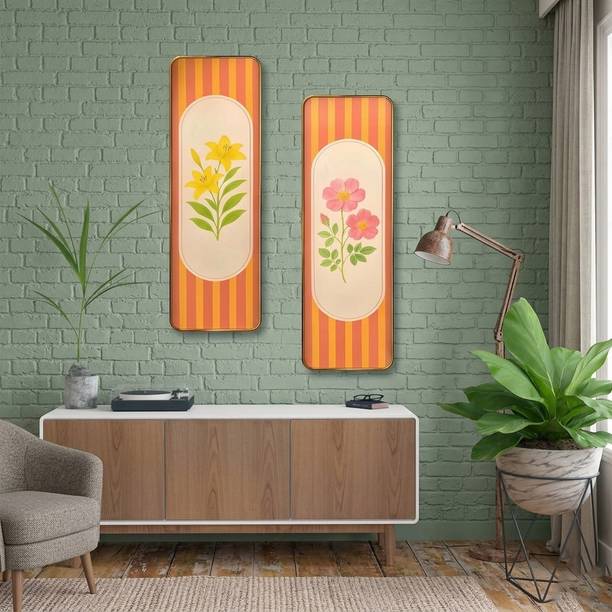 Iya Creations UV Sparkle Set of 2 Retro Floral Striped MDF Panel Wall Painting Digital Reprint 18 inch x 12 inch Painting