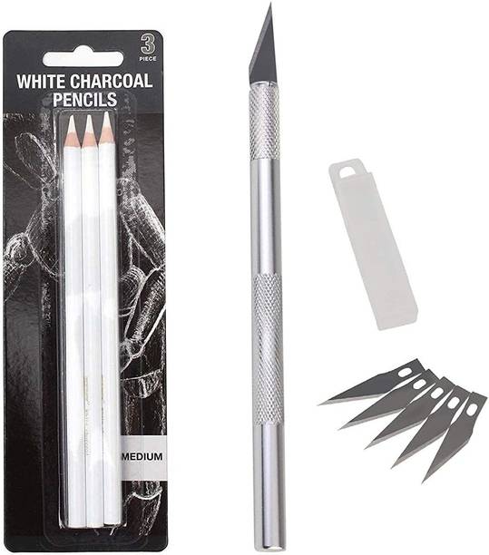 mixale White Charcoal Pencil Set of 3 with Detailing Knife