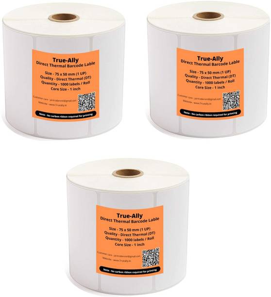 True-Ally 75x50 Direct Thermal Barcode Label Sticker - 3 x 2 inches - 75mm x 50mm 1000 Labels Per Roll - White Self Adhesive Sticker for Printing Barcoding Paper Label