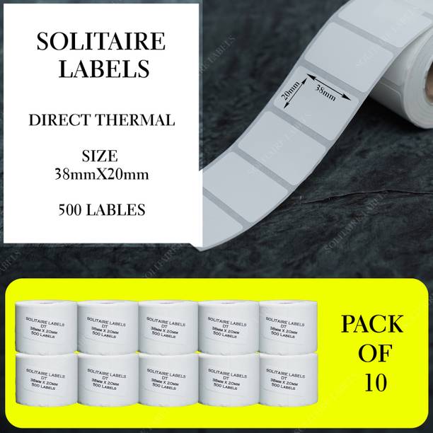 Solitaire 38x20 Direct Thermal Label,1 Roll Of 500 Pcs,Pack Of 10 Rolls,Total 5000 Labels Self Paper Label