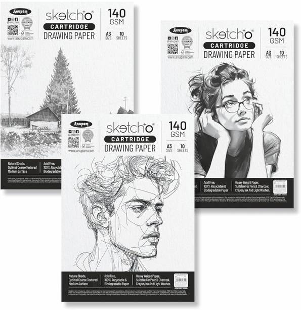 ANUPAM Cartridge Paper for Sketching and Drawing Loose Sheets 10 for Pencil Charcoal Oil Pastel & Wax Crayon for Artist's & Amateurs A3 140 gsm Drawing Paper
