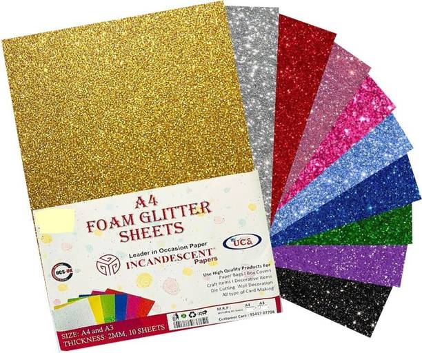 INCANDESCENT PAPER Premium Foam Glitter Sheets A4 Size | 2mm Thick, 10 Sheets Sparkle Foam Paper For Art & Craft A4 100 gsm Coloured Paper