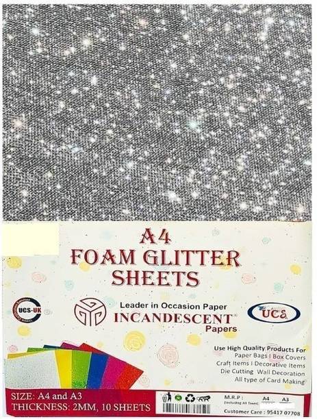 INCANDESCENT PAPER Premium Foam Glitter Sheets A4 Size | 2mm Thick, 10 Sheets Sparkle Foam Paper For Art & Craft A4 100 gsm Coloured Paper