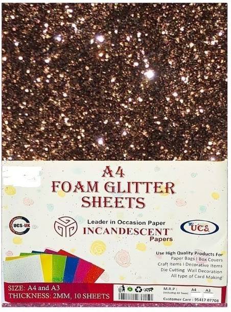 INCANDESCENT PAPER Premium Foam Glitter Sheets A4 Size | 2mm Thick, 10 Sheets Sparkle Foam Paper For Art & Craft A4 100 gsm Coloured Paper