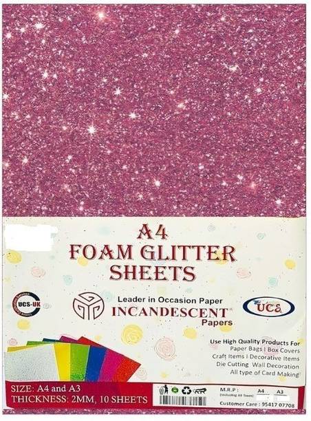 INCANDESCENT PAPER Premium Foam Glitter Sheets A4 Size | 2mm Thick, 10 Sheets Sparkle Foam Paper For Art & Craft A4 100 gsm Coloured Paper