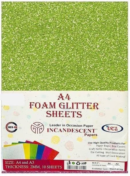 INCANDESCENT PAPER Premium Foam Glitter Sheets A4 Size | 2mm Thick, 10 Sheets Sparkle Foam Paper For Art & Craft A4 100 gsm Coloured Paper