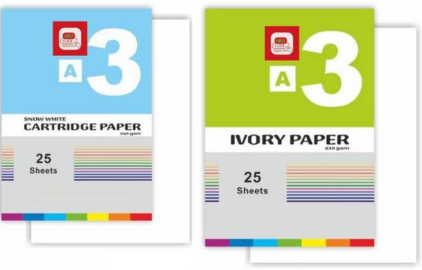 First Click A3 Cartridge Paper 25 Sheet, A3 Ivory 25 Sheet (Total 50 Sheets) Unruled 40X30X1.68 CM 210 gsm, 140 gsm Drawing Paper