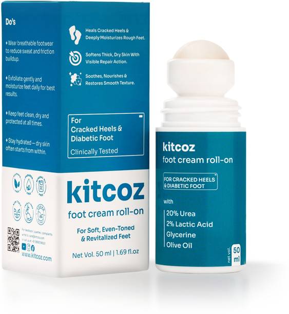 Kitcoz Foot Cream Roll On with 20% Urea, Lactic Acid & Glycerine for Dry & Cracked Feet