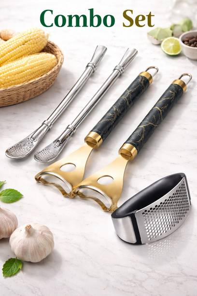 rcomena Stainless Steel Kitchen Combo Set Garlic Presser Y Shaped, Straight Peeler Set