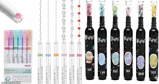 Eclet 12pc Linear Roller Curve Pens Set with Unicorn Highlighter Marker Pen For Kids Fineliner Pen