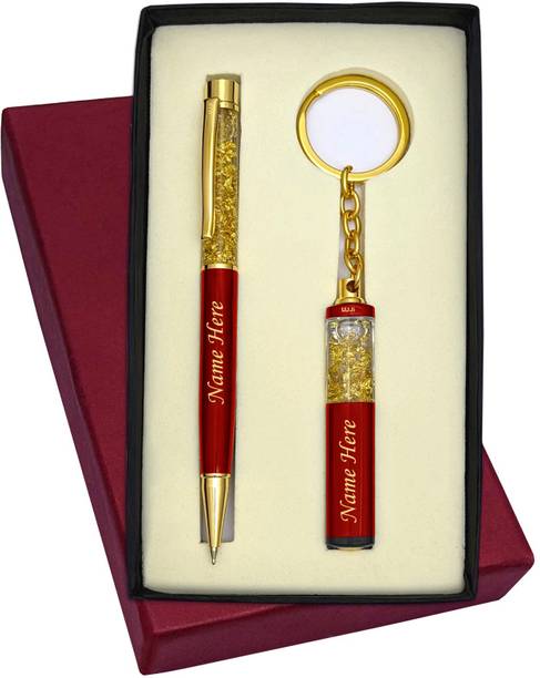UJJi Red Colour Golden Gel Filled Brass Body Ball Pen & Gel Filled Keychain Pen Gift Set
