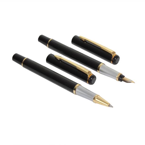 JINHAO 801 Executive Black Color Metal Body Medium Nib Fountain Ink Pen & Roller Ball Pen Gift Set