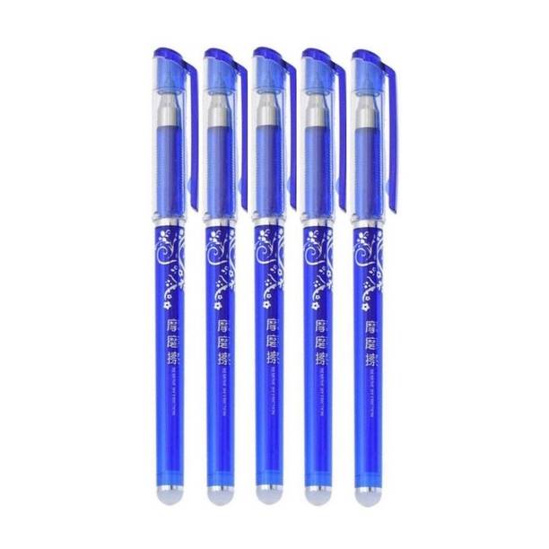Definite 5 Pcs Blue Ink Erasable Gel Pen Set with attached Magic Wipe Eraser (0.35mm Nib Size) Gel Pen