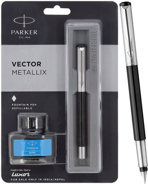 PARKER Vector Metallix Stainless Steel, Fine Nib With Quink Ink Bottle Fountain Pen