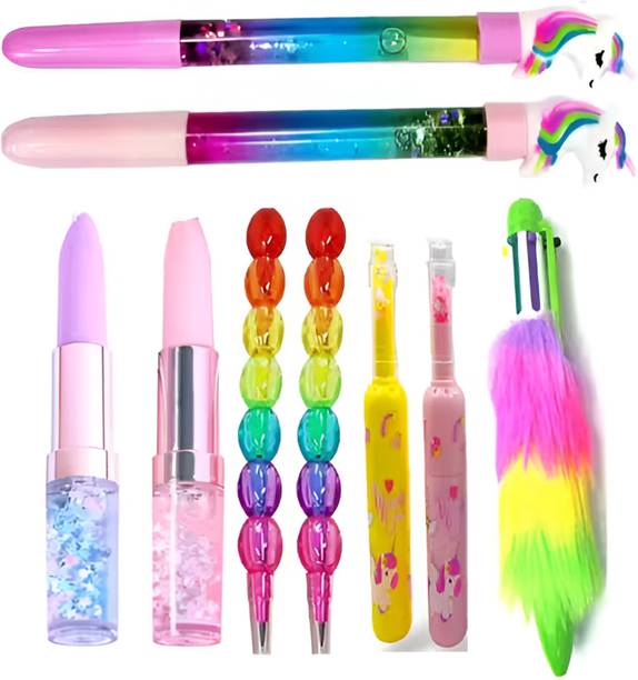 Eclet 9pc pen,pencil set fur,water,lipistick pen,moti pencil highlighter marker Ball Pen