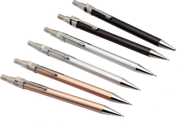 Ledos Set Of 6 Metal Body 0.7mm Chrome Trims Golden Silver & Black Mechanical Pencil