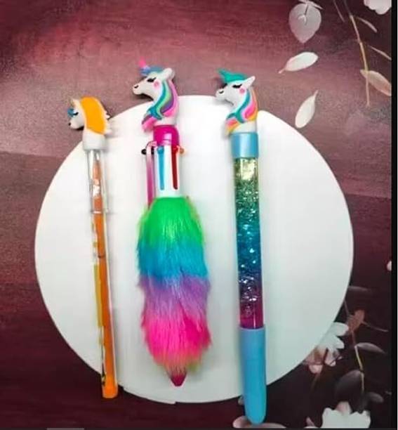 Eclet Unicorn 3 in 1 Fur Pen, 1 Unicorn Pencil, 1 Unicorn Water Glitter Pen Ball Pen