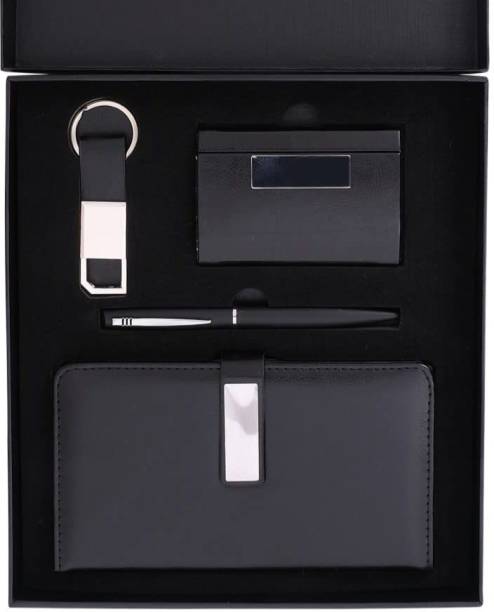 FABULASTIC 4 in 1 Corporate Gift Set with Diary, Pen, Card Holder and Metal Keychain (Black) Ball Pen