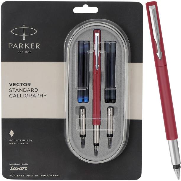 PARKER Vector Standard Calligraphy, Chrome Trim With 4 Ink Cartridges (2 Blue Fountain Pen