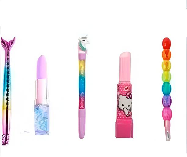 Eclet Pack of 5 pens.pen, lipstick pen, lipstick eraser, unicorn sparkle pen, pencil. Ball Pen