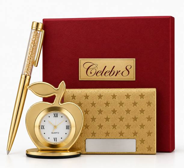 Celebr8 3 in 1 Corporate Gift Set with Clock, Crystal Pen & Business Card Holder Pen Gift Set