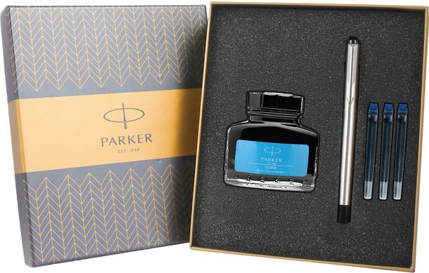 PARKER Vector Stainless Steel Chrome Trim Fountain Pen | Ink Bottle | 3 Ink Cartridges Fountain Pen