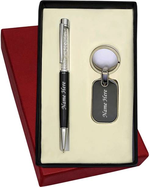 UJJi Name Print Cristal Filled Cap Black Colour Metal Keychain and Pen Gift Set