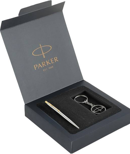 PARKER Premium Gift Set | Silver Keychain | Jotter Stainless Steel Gold Trim Ball Pen