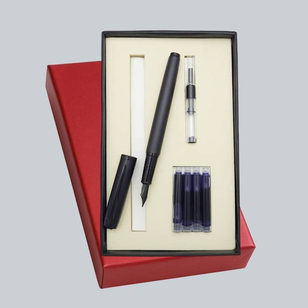 UJJi Fountain Pen Set, Black Metal Body, Ink Converter with 4 Blue Cartridges Fountain Pen