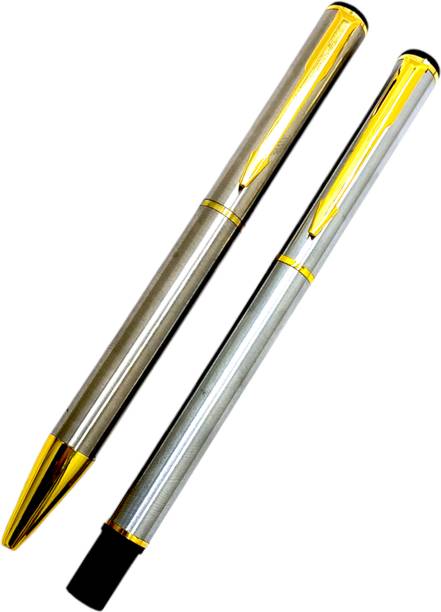 Lestylo Executive 801 Silver Metal Body With Designer Gold Plated Clip Roller & Ball Pen Gift Set
