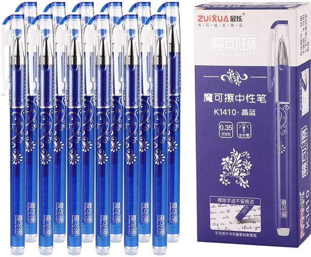 PSAHG Blue Ink Erasable Gel Pen Set with attached Magic Wipe Eraser (Pack of 12) Gel Pen Refill