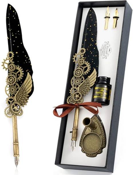 STYLEMBR Black Vintage Quill Feather Ink Pen Set for Gift Calligraphy